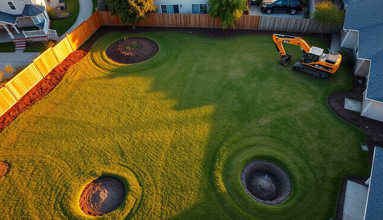 Aerial view of a suburban backyard with buried leach field trench lines visible beneath lawn