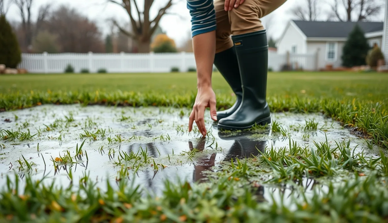Homeowner checking soggy saturated ground over a failing leach field in backyard