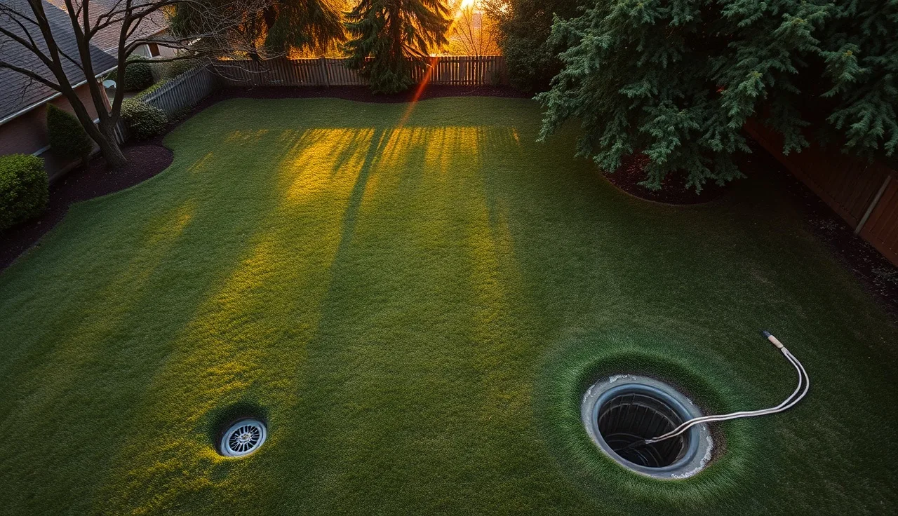 Grassy suburban backyard with septic leach field inspection caps visible at dusk