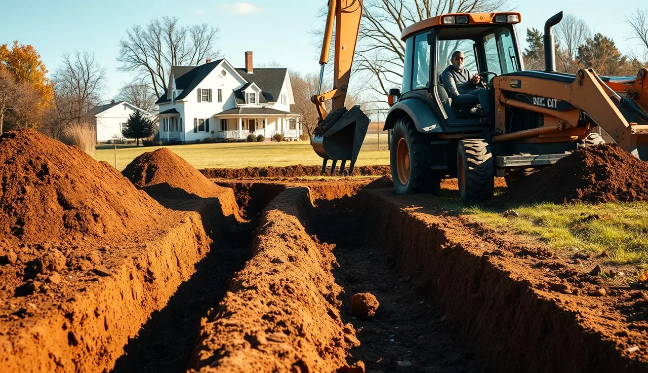 Backhoe digging parallel leach field trenches in a rural backyard