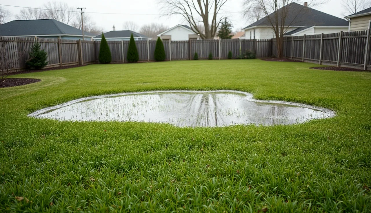 Waterlogged backyard lawn showing surface pooling over a failing leach field