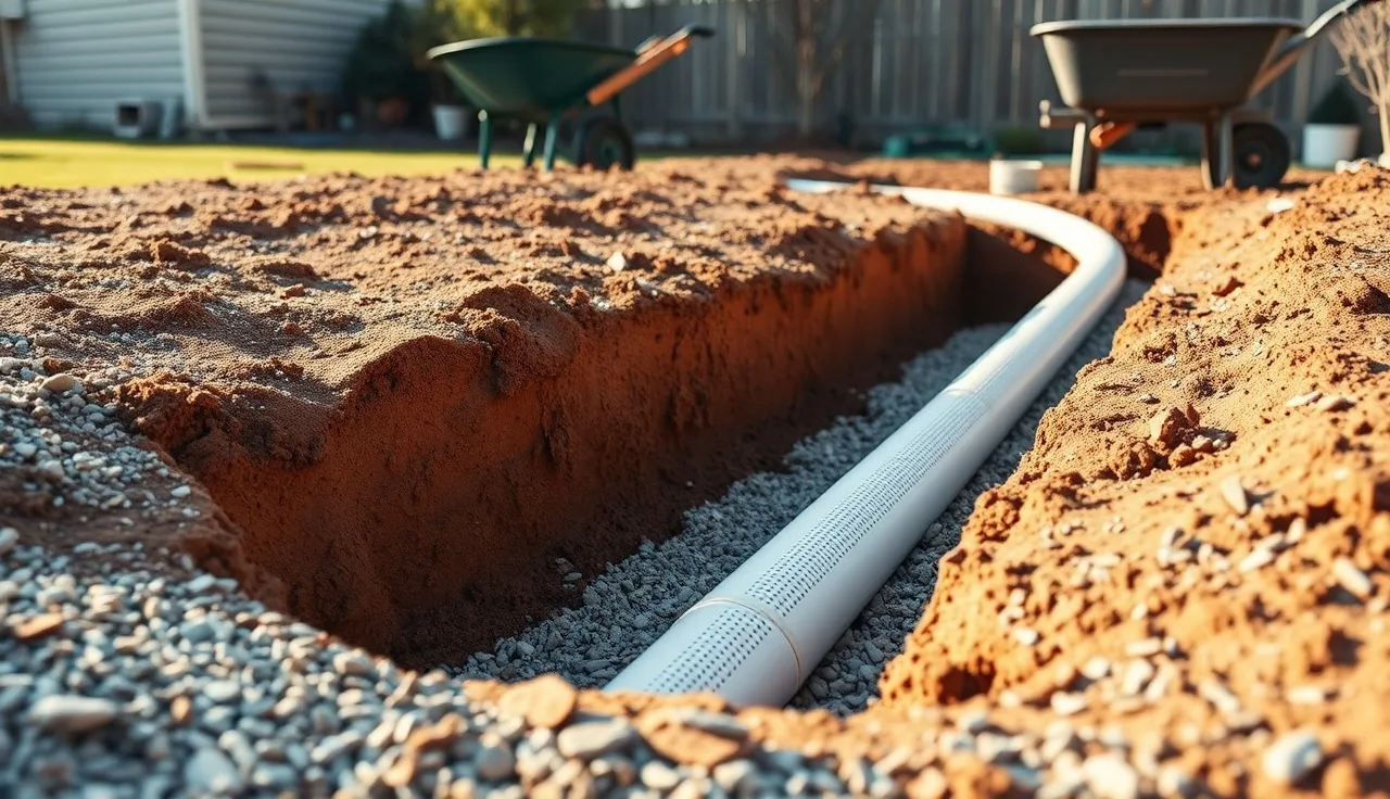 Open leach field trench with perforated pipe resting on crushed stone aggregate