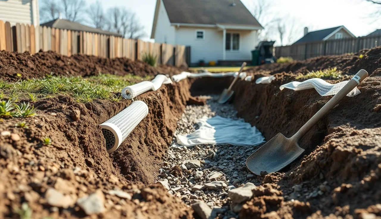 Open leach field trench showing perforated pipe, gravel bed, and geotextile fabric