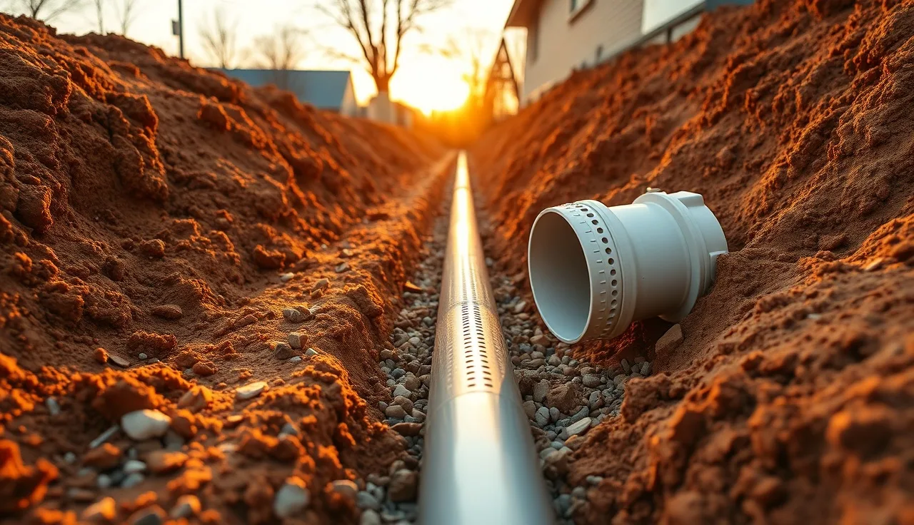 Perforated PVC leach field pipe resting on gravel in an open trench
