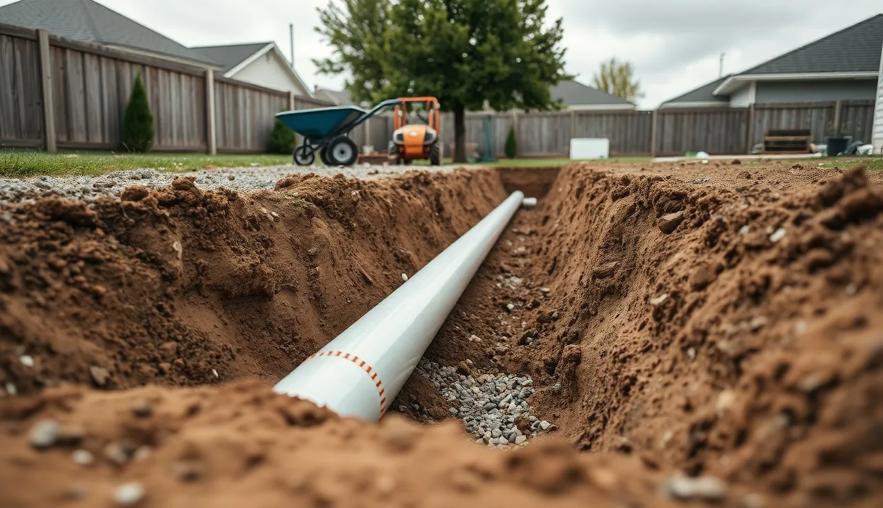 Excavated leach field trench showing perforated PVC pipe on gravel bed