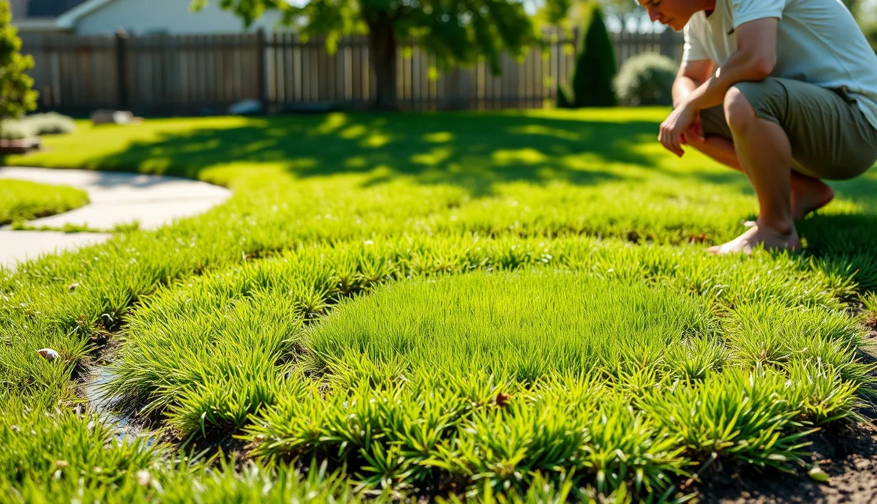 Homeowner examining wet soggy ground over a failing leach field in backyard