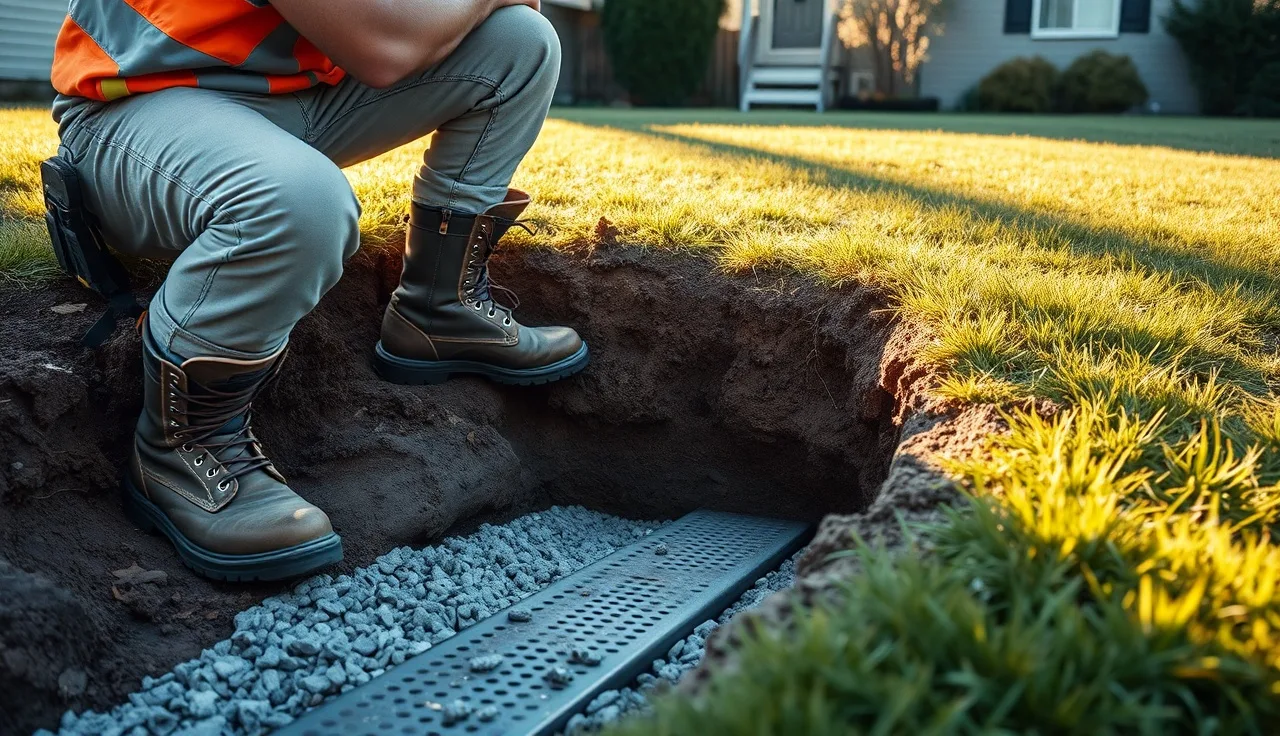 Contractor inspecting exposed perforated leach field pipe in a residential backyard trench