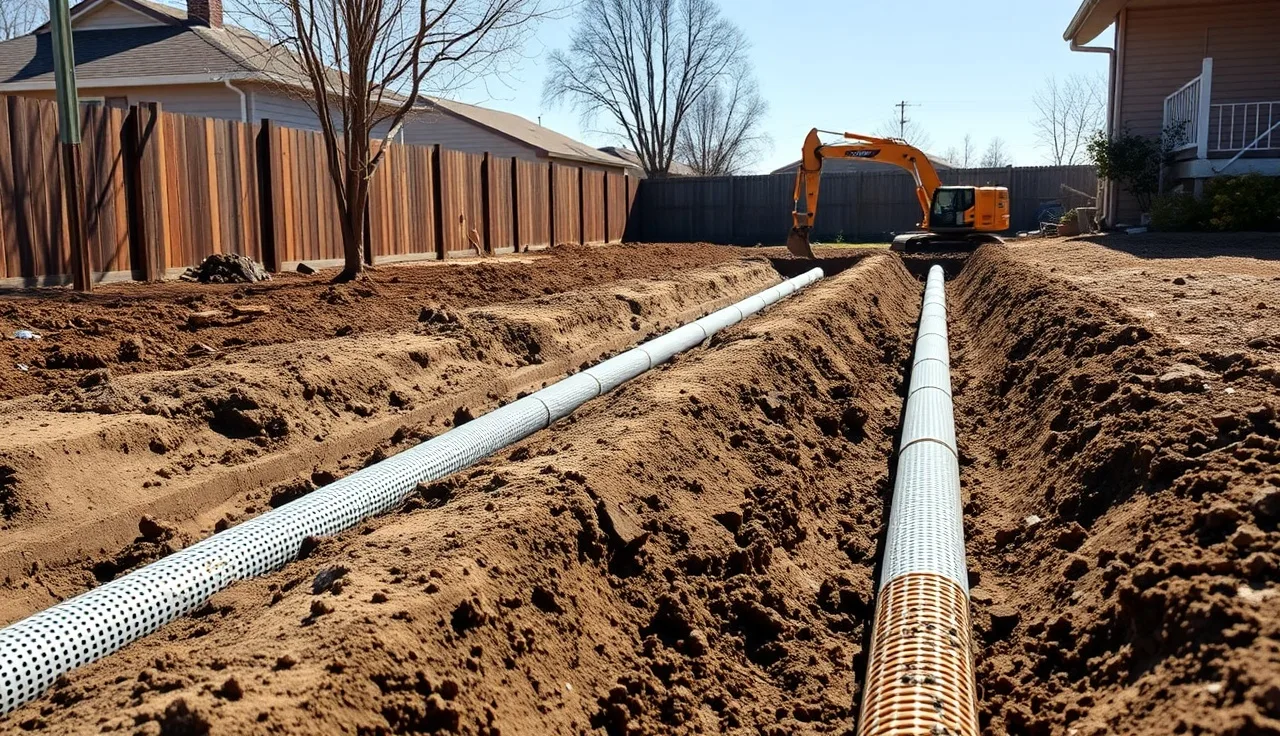 Freshly excavated leach field trenches with perforated pipe in a residential backyard