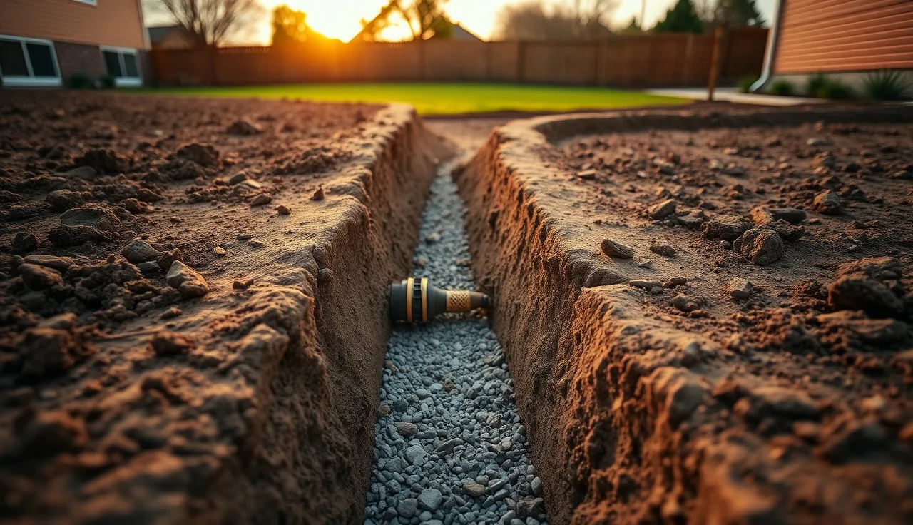 Open leach field trench with perforated pipe and gravel in a residential backyard