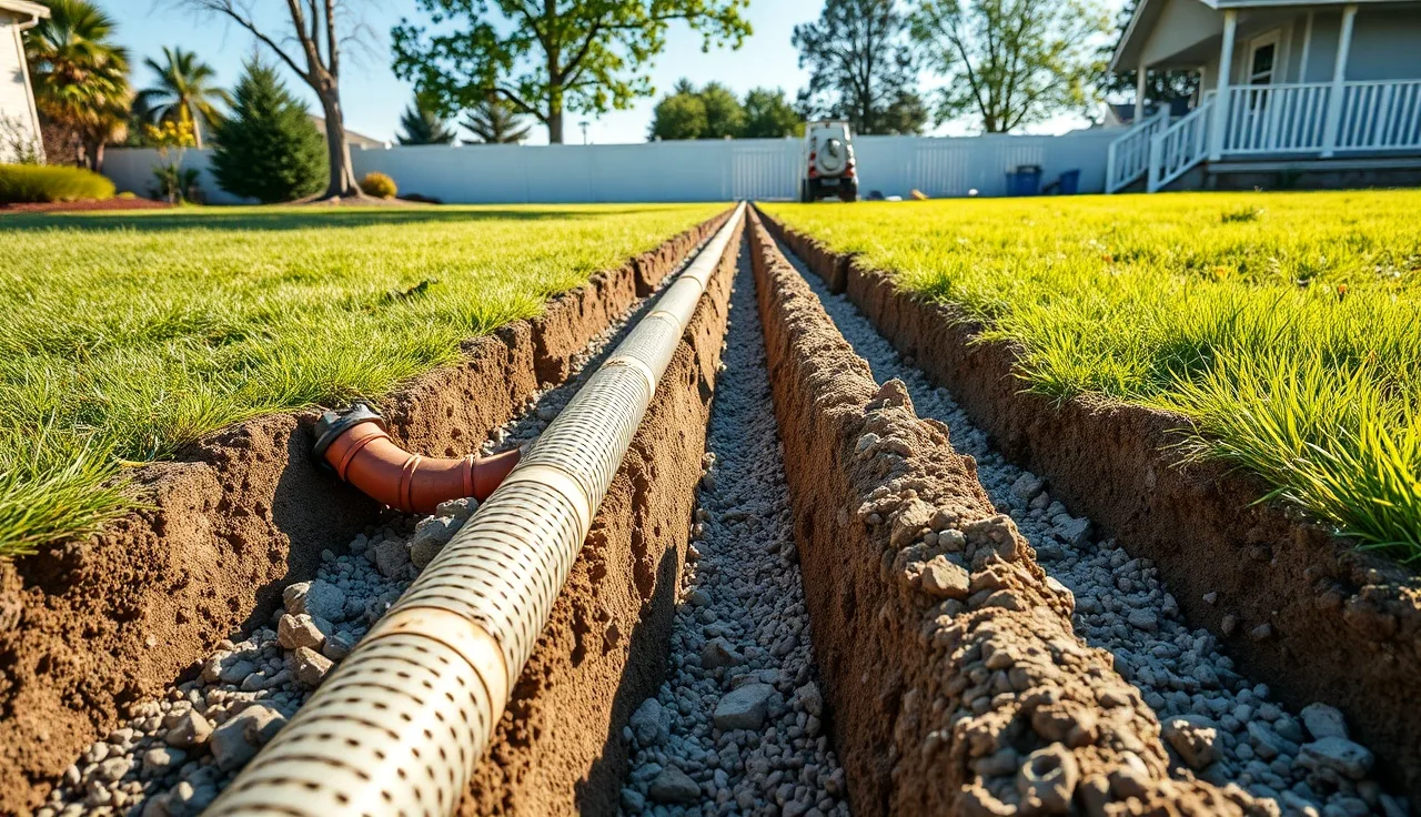 Open leach field trenches with perforated pipes and gravel in a residential backyard