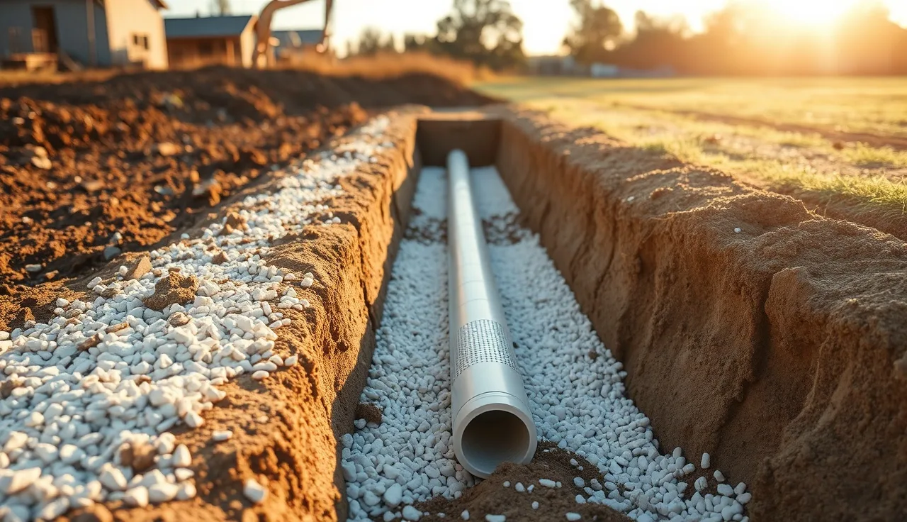 Leach field trench with perforated pipe and gravel aggregate during installation