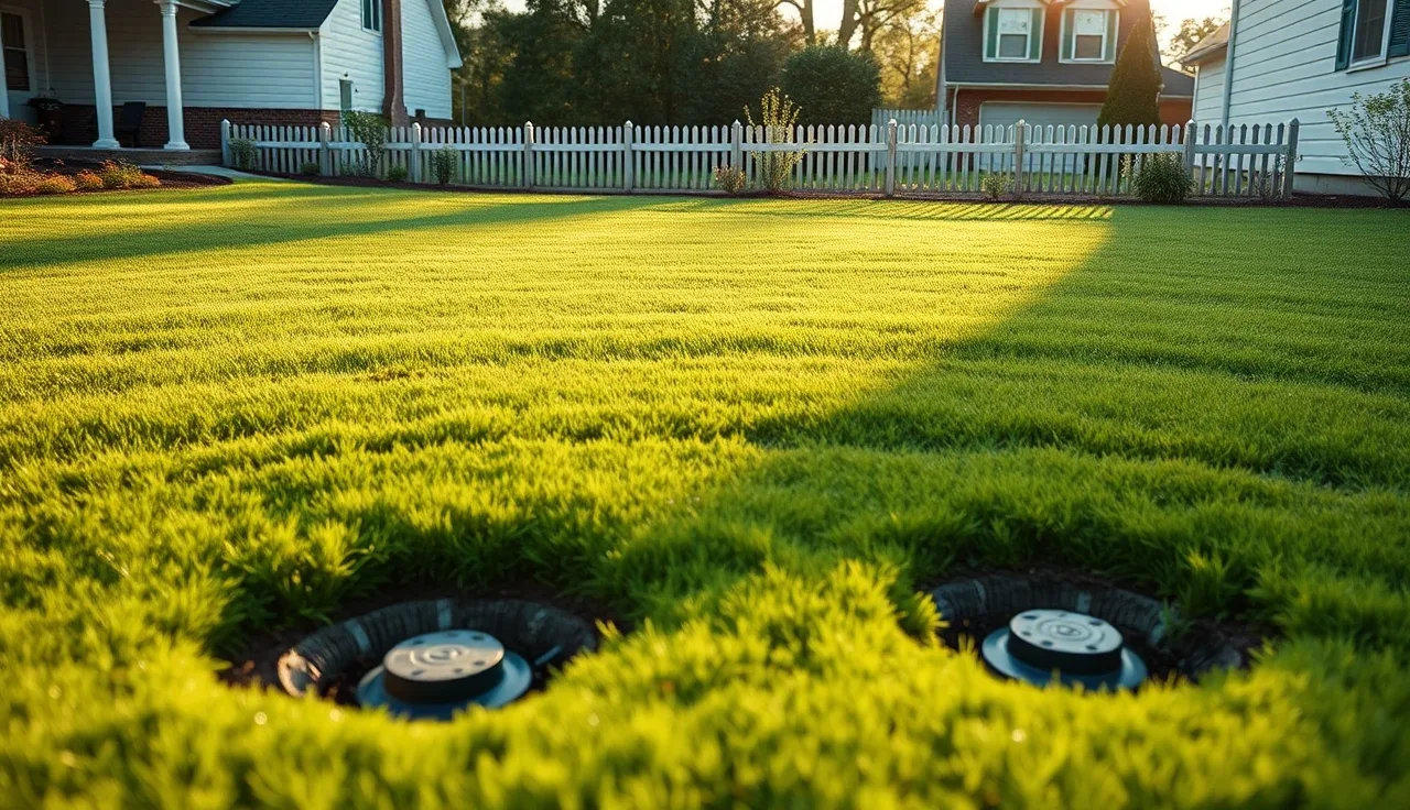 Residential backyard lawn over a buried leach field with inspection port caps visible