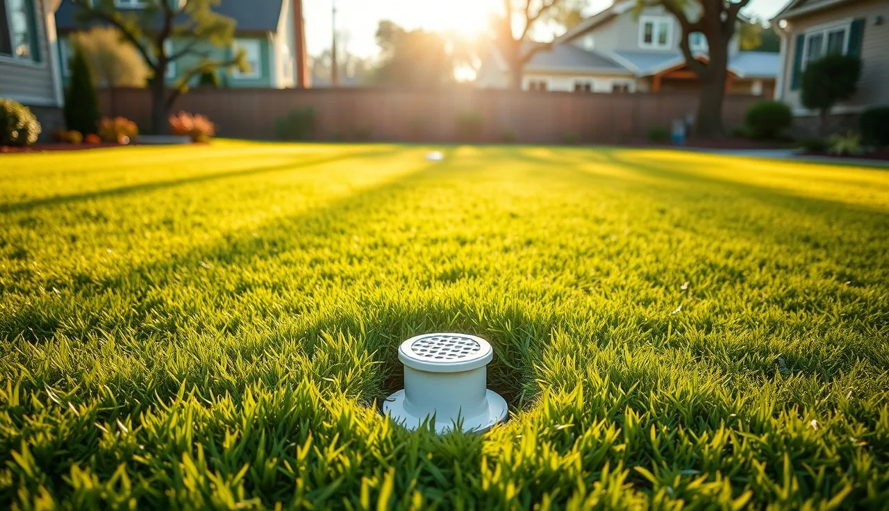 Residential leaching field area visible as greener grass strip in suburban backyard