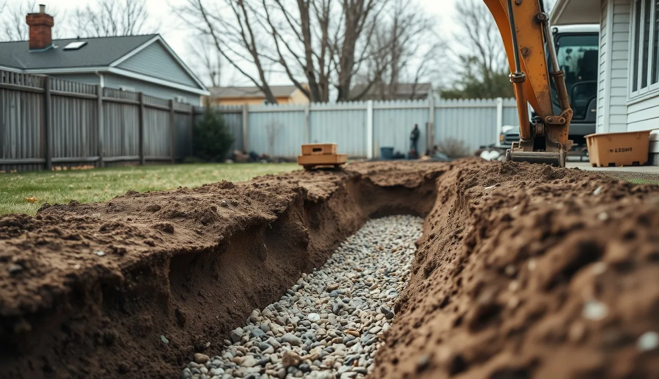 Excavated leach field trench showing gravel and perforated pipe during repair