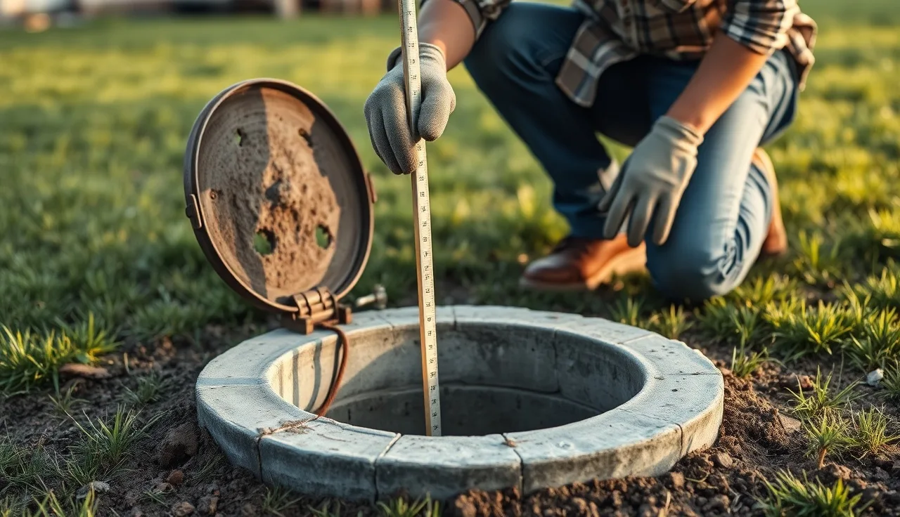 Homeowner measuring sludge depth at open septic tank access port in backyard