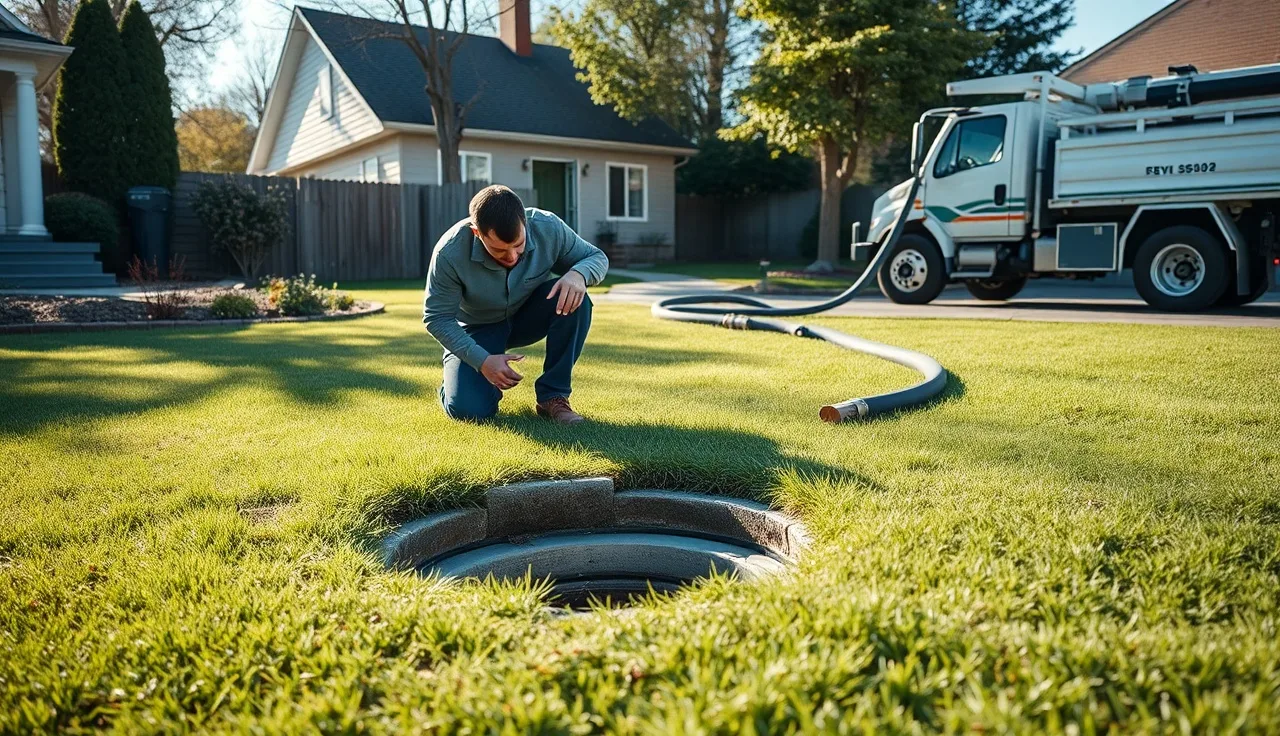 Septic technician inspecting an open tank riser in a residential backyard