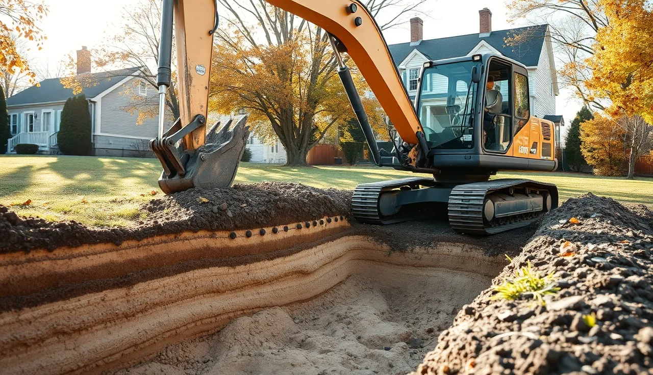 Excavator digging septic leach field trench in Massachusetts residential backyard