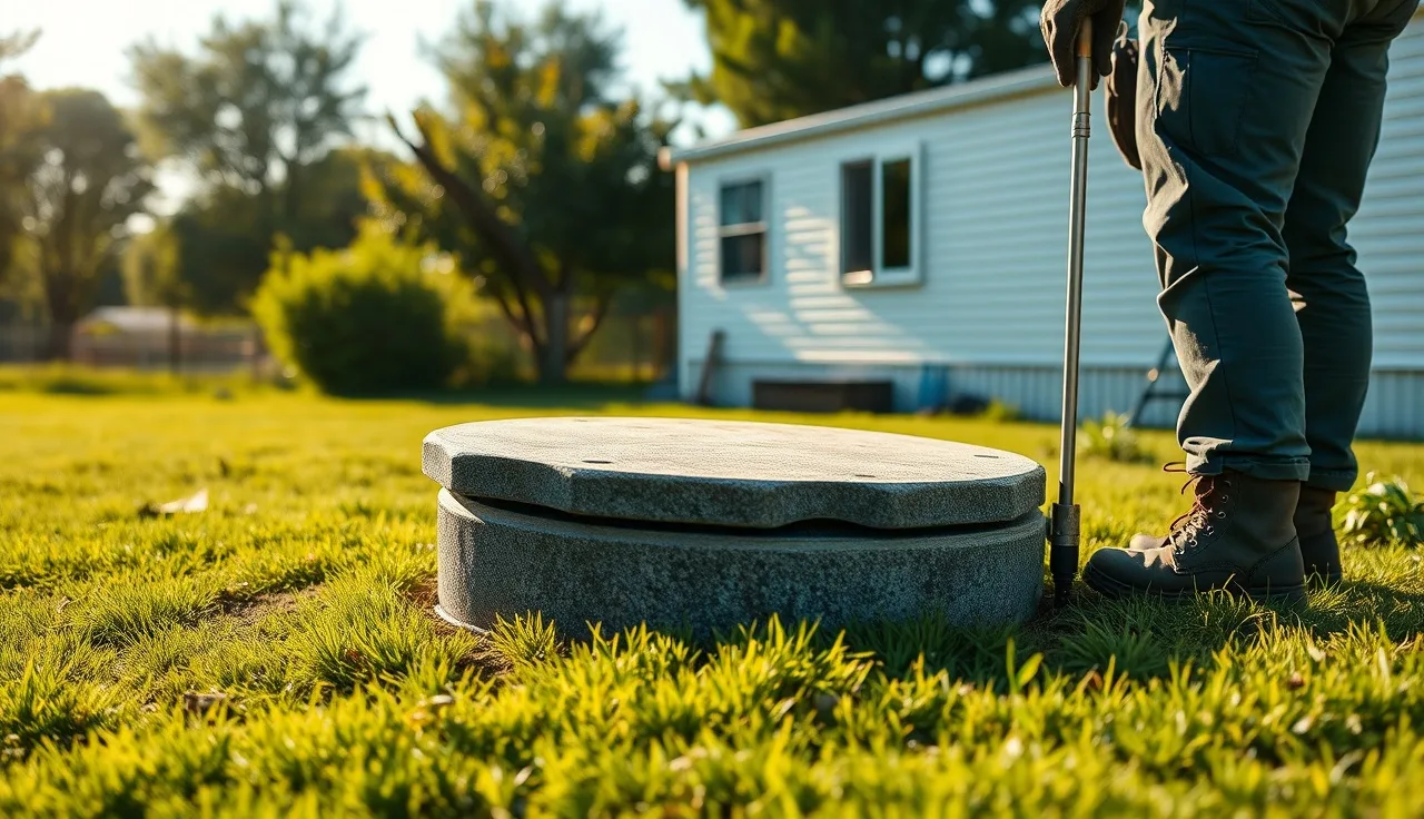 Septic tank access lid uncovered in yard beside a manufactured mobile home
