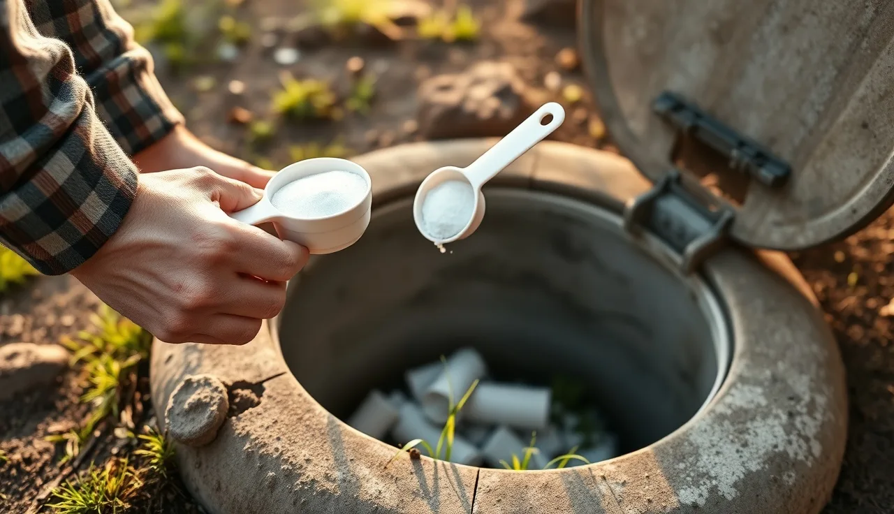 Homeowner adding bacterial treatment powder to a septic tank access port outdoors