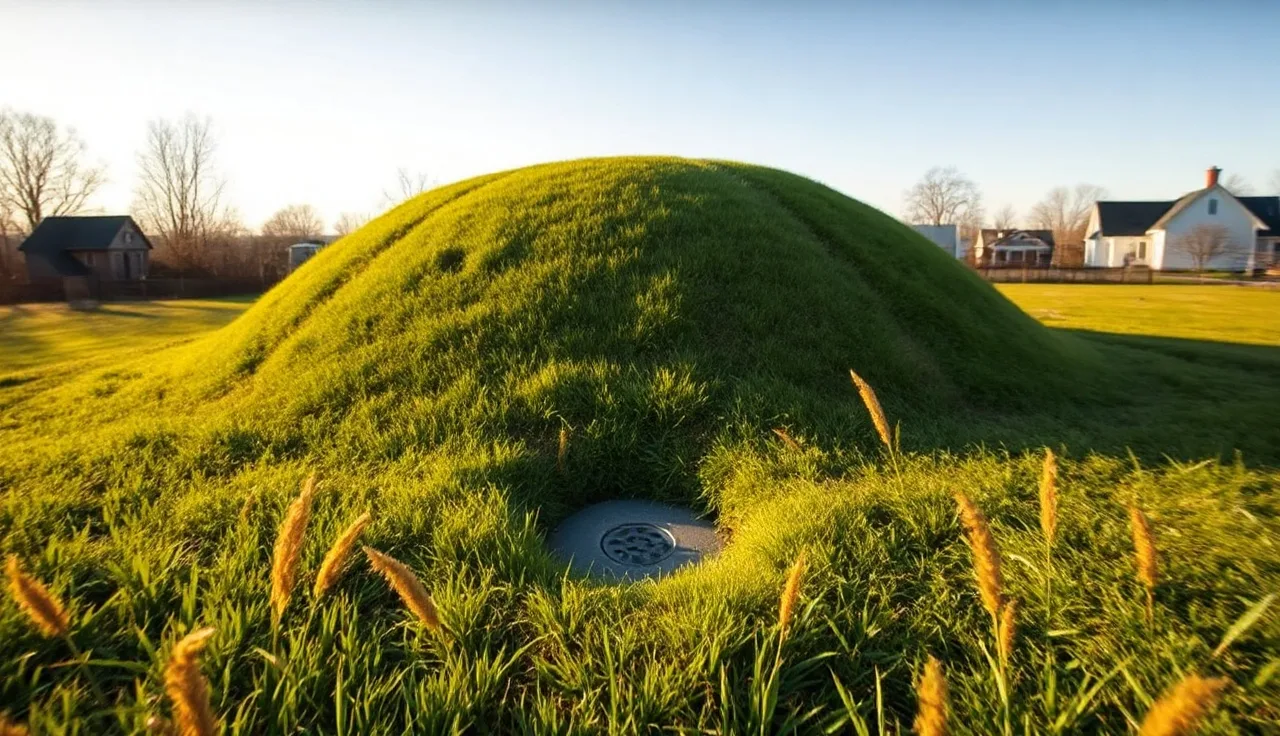 Grass-covered mound septic system in a rural residential backyard with farmhouse behind