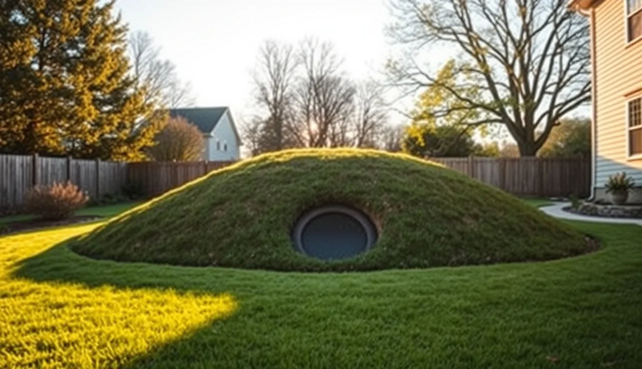 Grass-covered raised mound septic system in a residential backyard