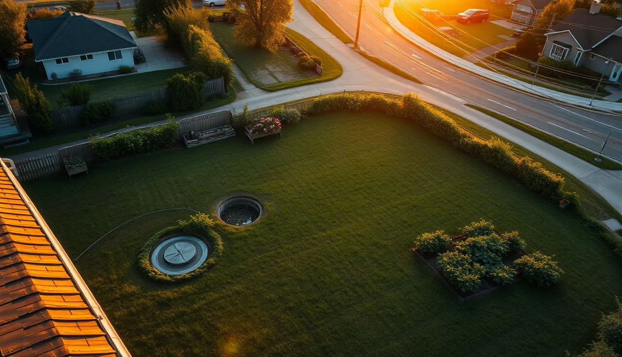 Rural home yard with septic access lid and suburban sewer street visible behind fence