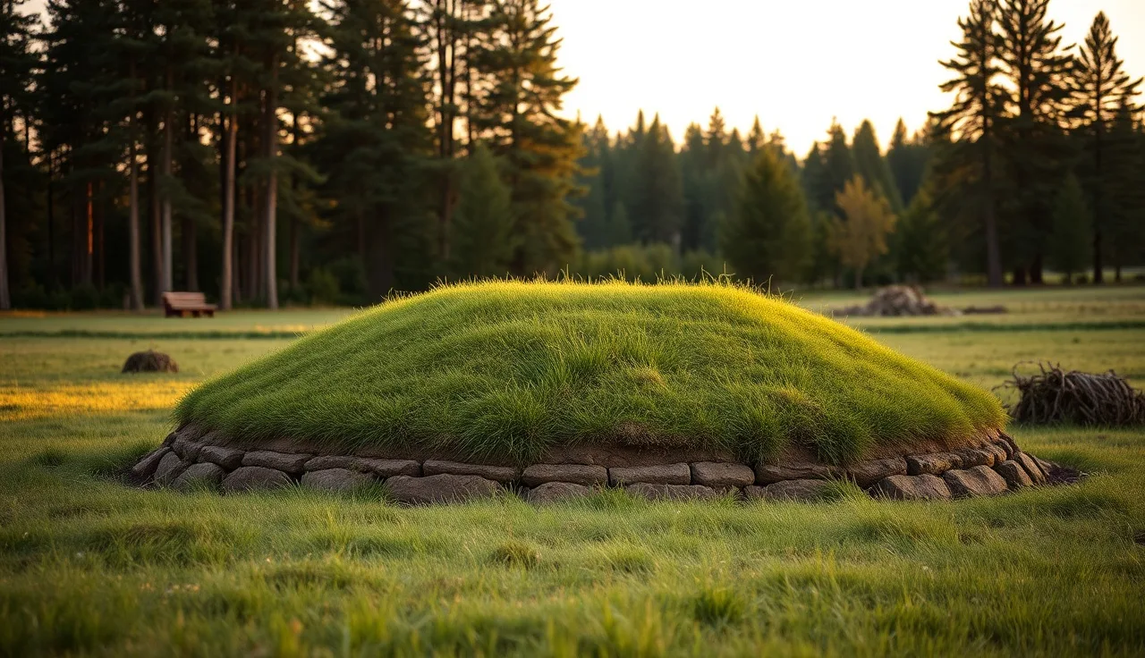 Grass-covered mound septic system in a rural meadow at golden hour