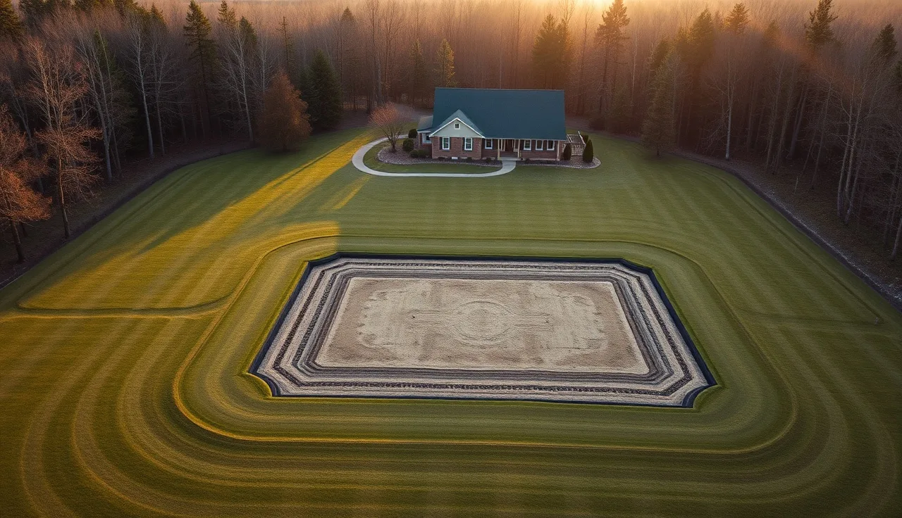 Aerial view of a rural home with a buried septic drain field visible in the backyard