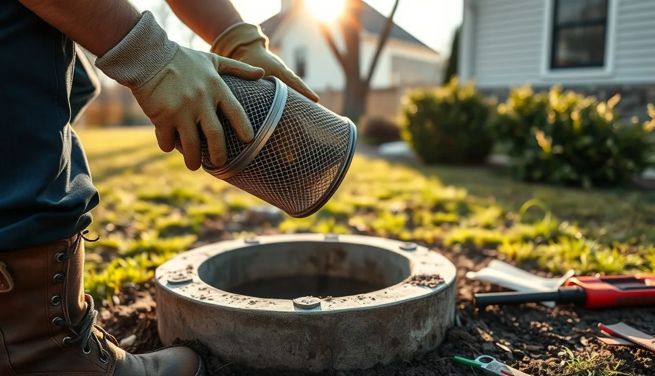 Plumber pulling an effluent filter cartridge from a residential septic tank riser