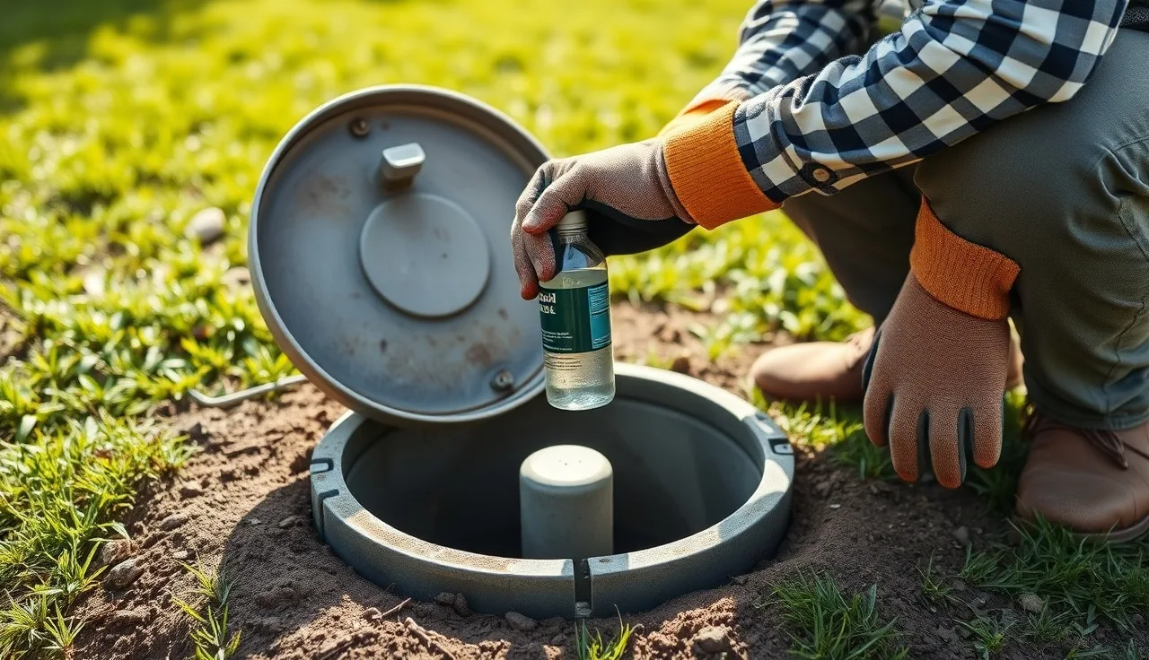 Homeowner adding organic bacterial treatment to an open septic tank access port