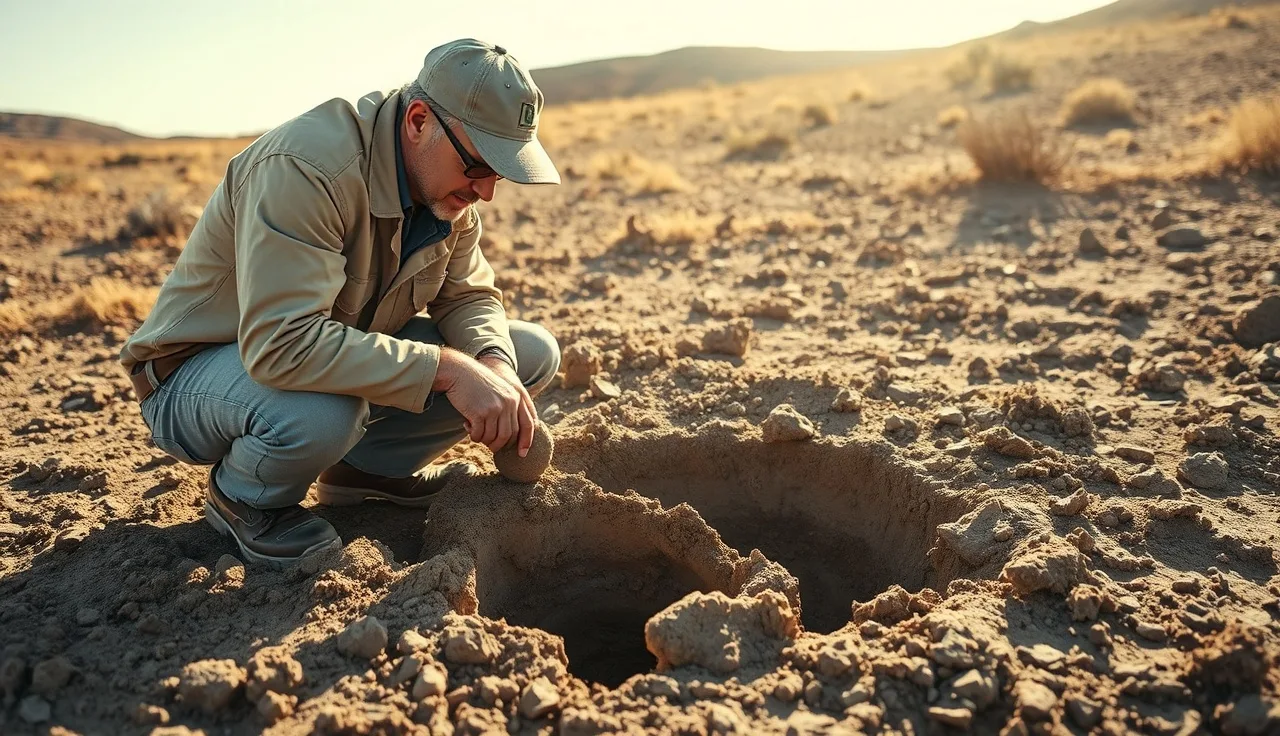 Soil scientist examining a perc test hole in Placer County foothill terrain