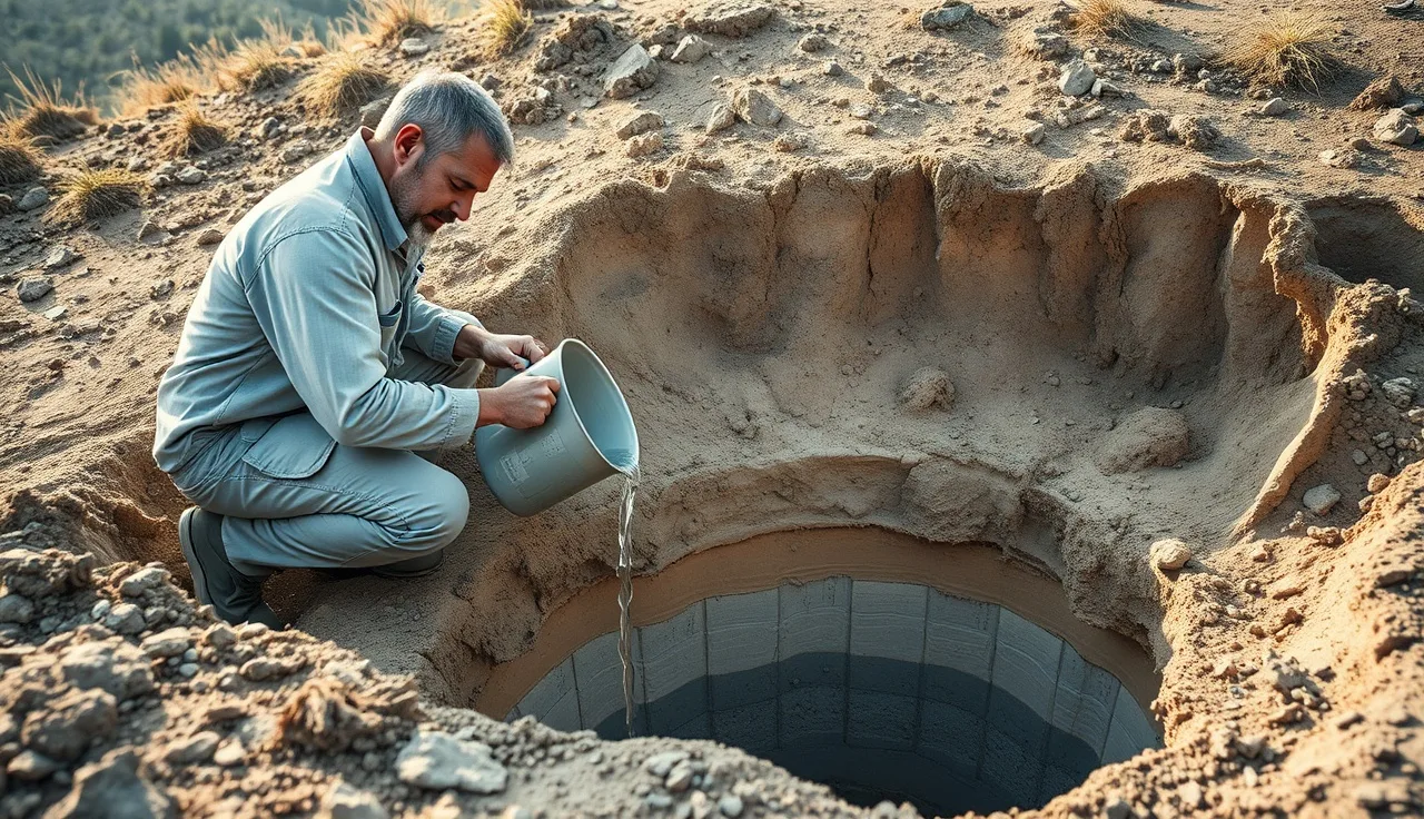 Soil scientist pouring water into a perc test hole in California foothill terrain