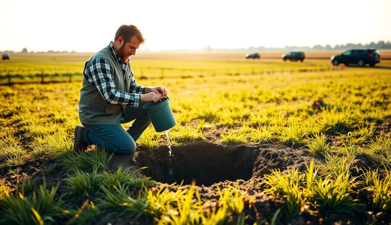 Soil scientist pouring water into a perc test hole in a rural yard