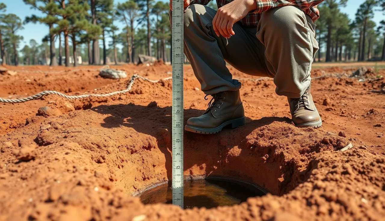 Sanitarian measuring water level in a percolation test hole in Alabama red clay soil
