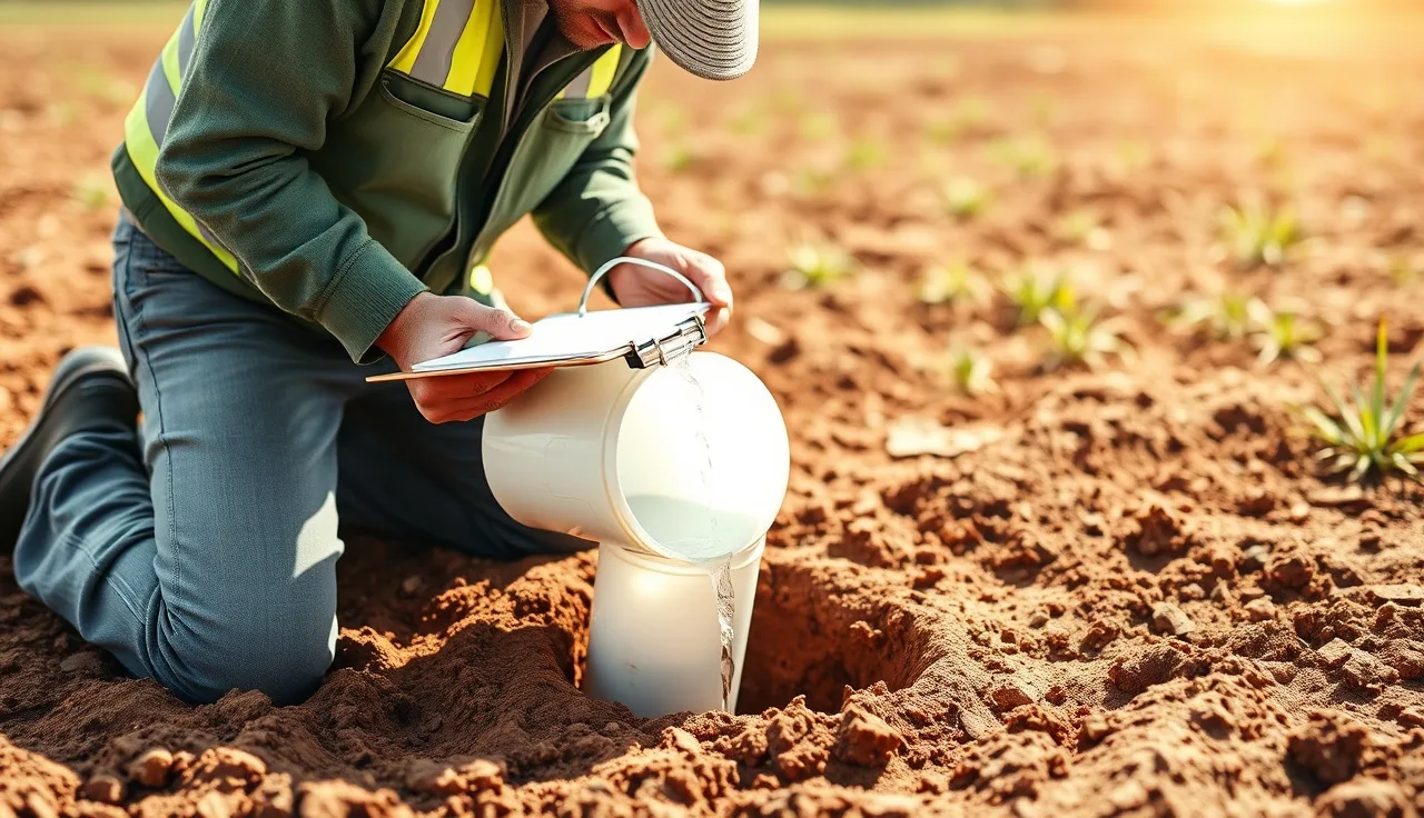 Licensed evaluator pouring water into a perc test hole in Arkansas red clay soil