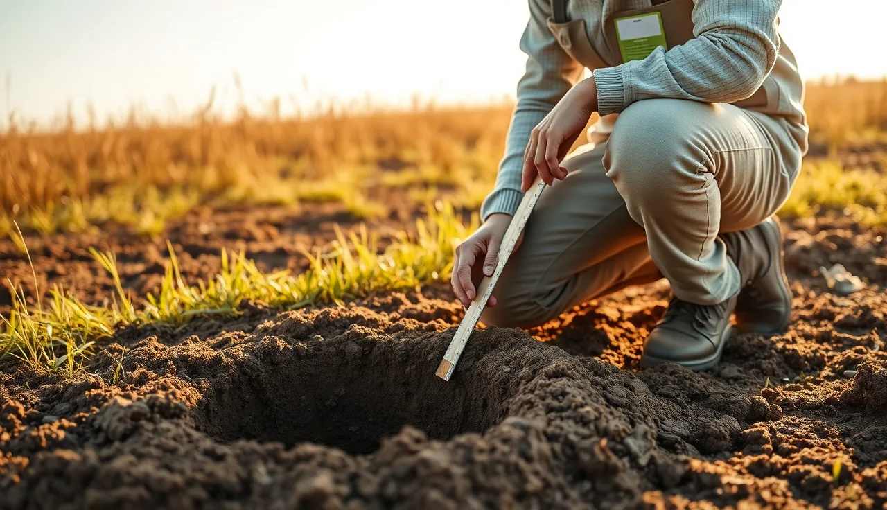 Soil scientist measuring water level in a perc test hole on rural land