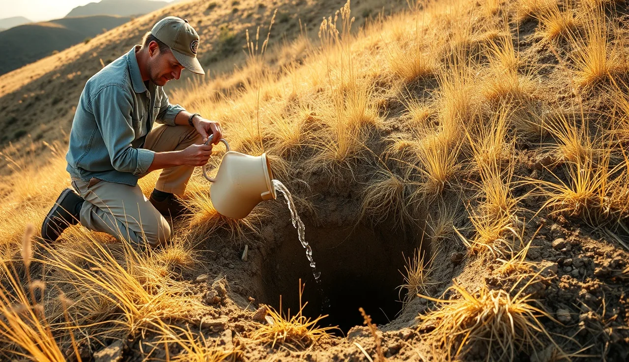 Soil evaluator pouring water into a perc test hole on a California hillside
