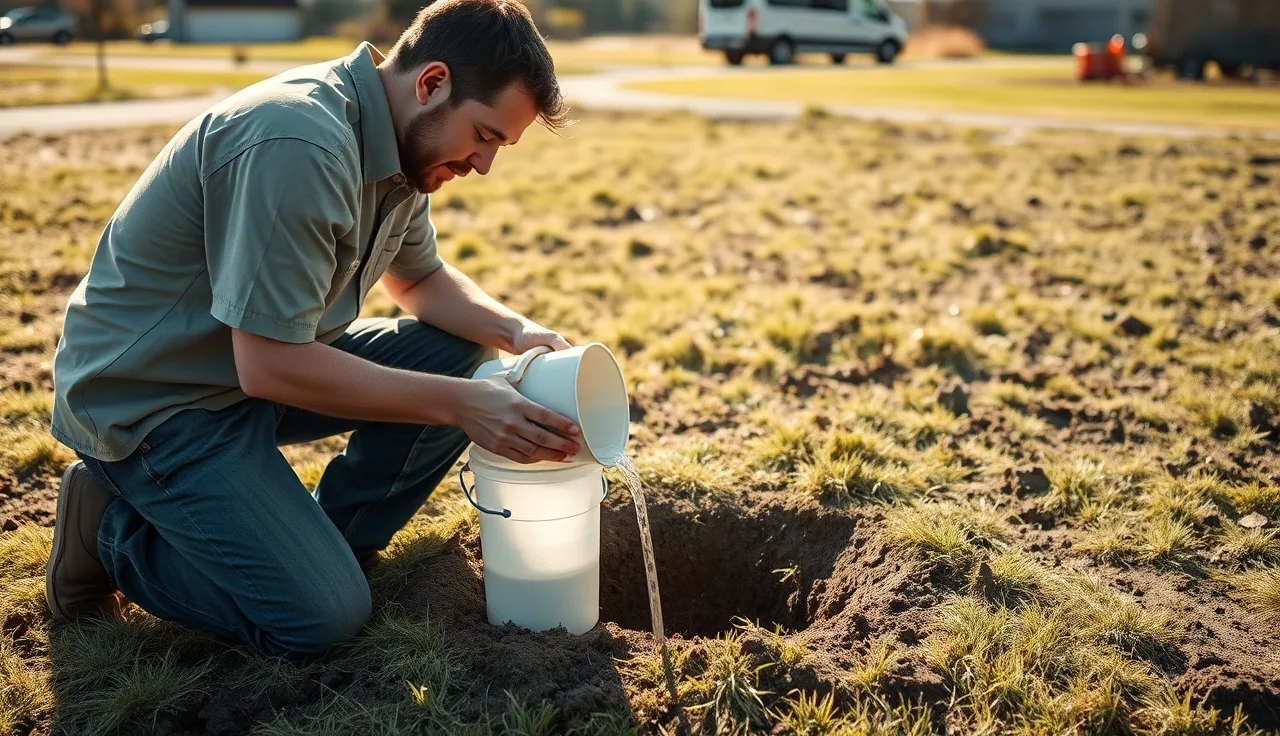 Soil evaluator pouring water into a perc test hole in a grassy field