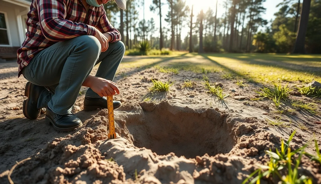 Licensed evaluator measuring water level in a perc test hole in a Florida yard