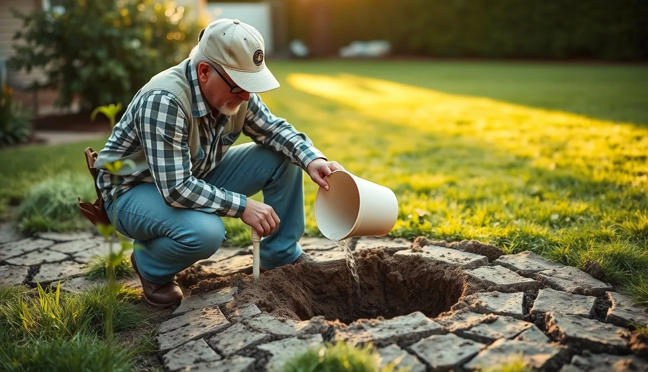 Soil evaluator timing a percolation test in a residential backyard dry well site