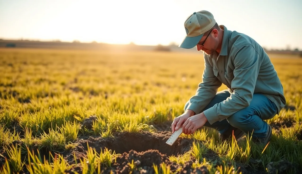 Soil scientist measuring water level in a perc test hole in a rural field