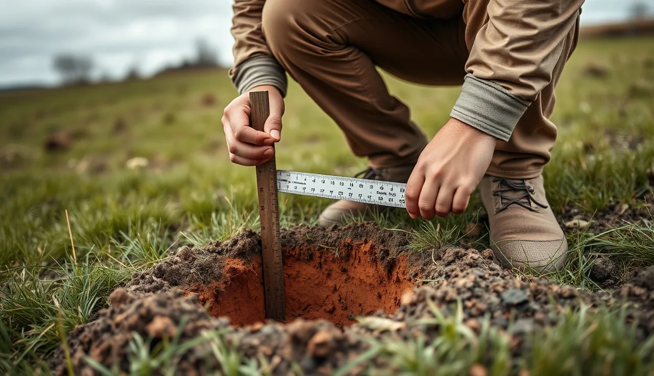 Soil scientist measuring water level in a perc test hole in a rural field