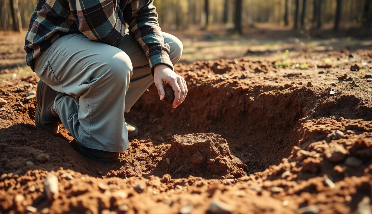 Soil evaluator examining a soil core in a perc test pit on Virginia land