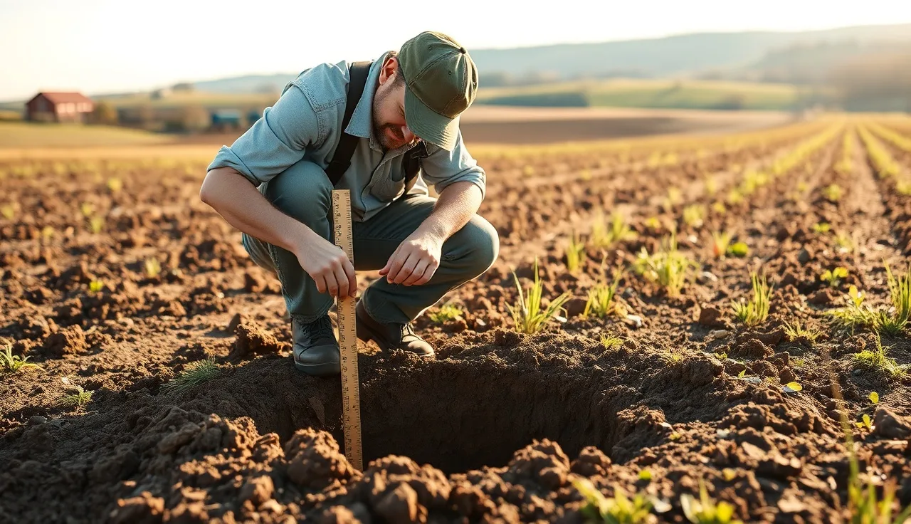 Soil evaluator measuring water level in a perc test hole in a Virginia field