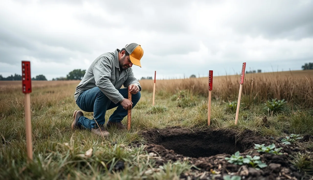 Technician measuring water level in a perc test hole during a soil evaluation