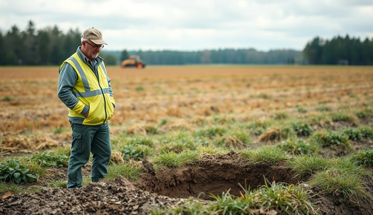 Environmental health official examining a soil perc test pit on a Maryland lot