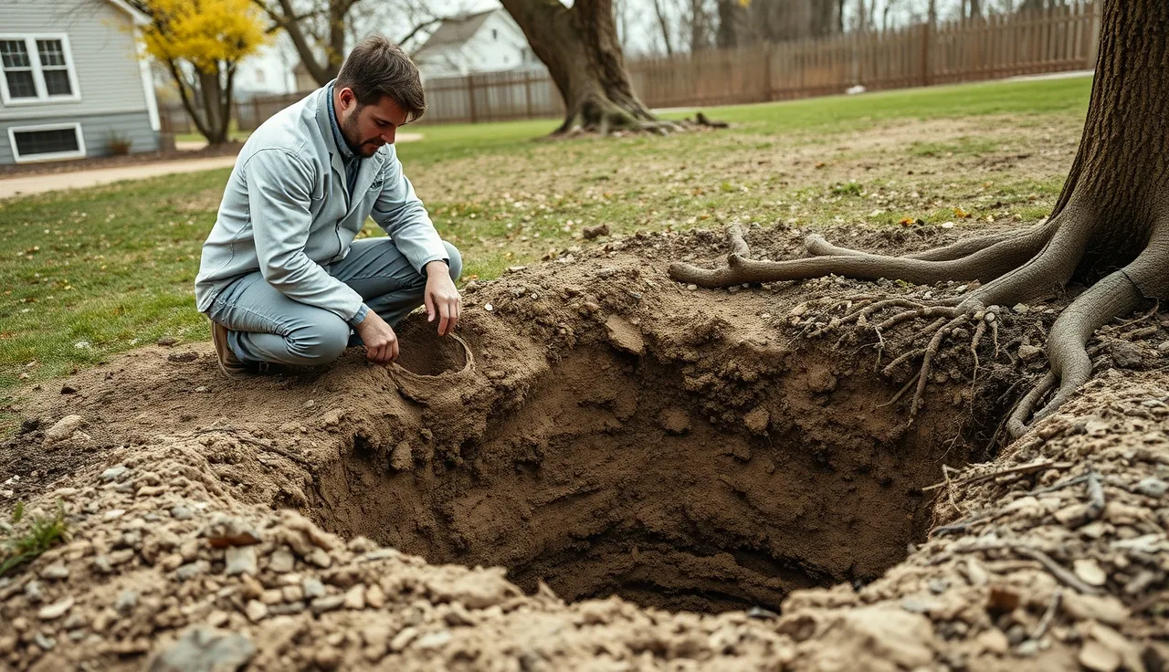 Soil evaluator examining a deep test hole during a perc test on a Massachusetts property