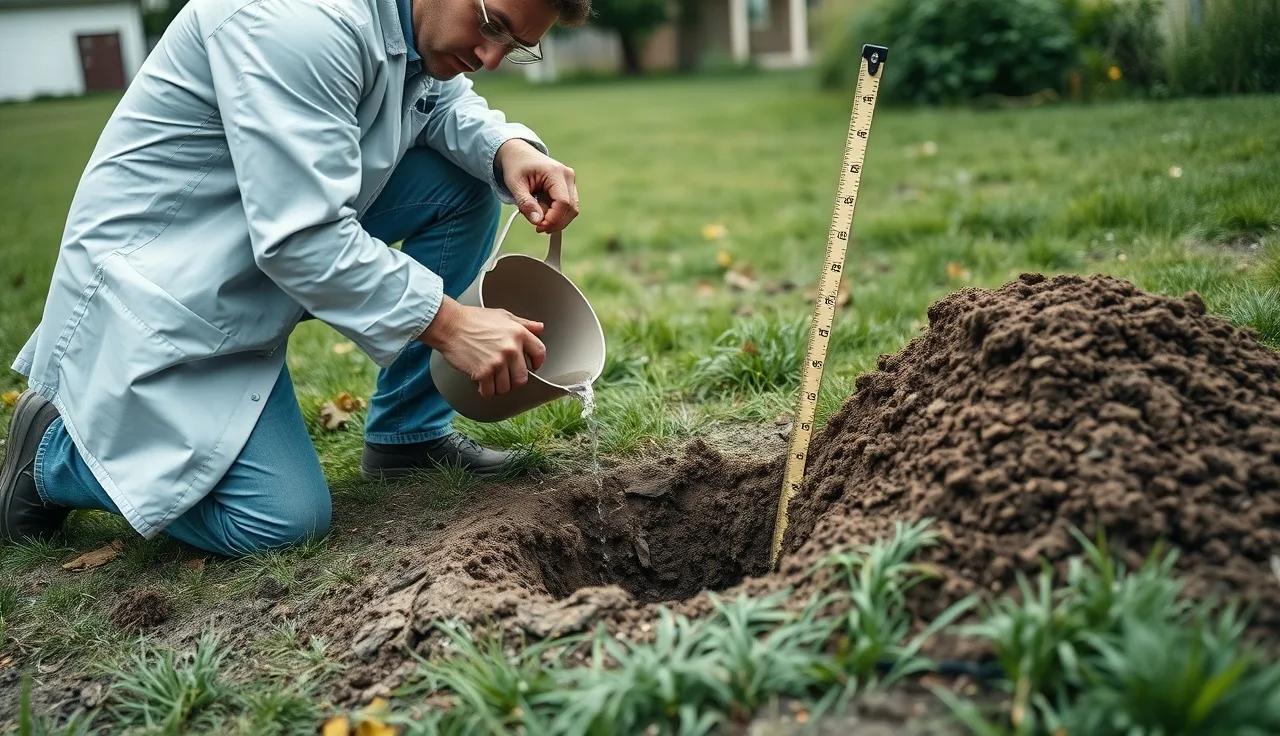 Soil scientist conducting a percolation test by filling a hole in a rural yard