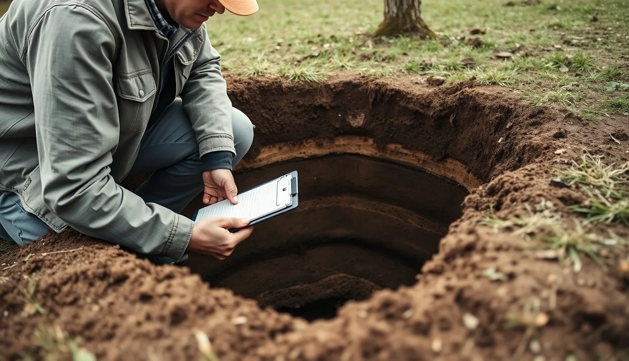Soil evaluator kneeling at a test pit examining Michigan soil layers in spring