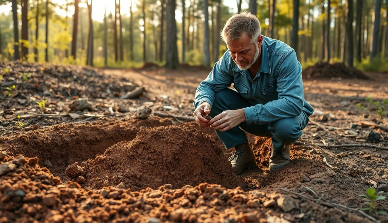 Soil scientist examining a soil core boring on a rural North Carolina lot